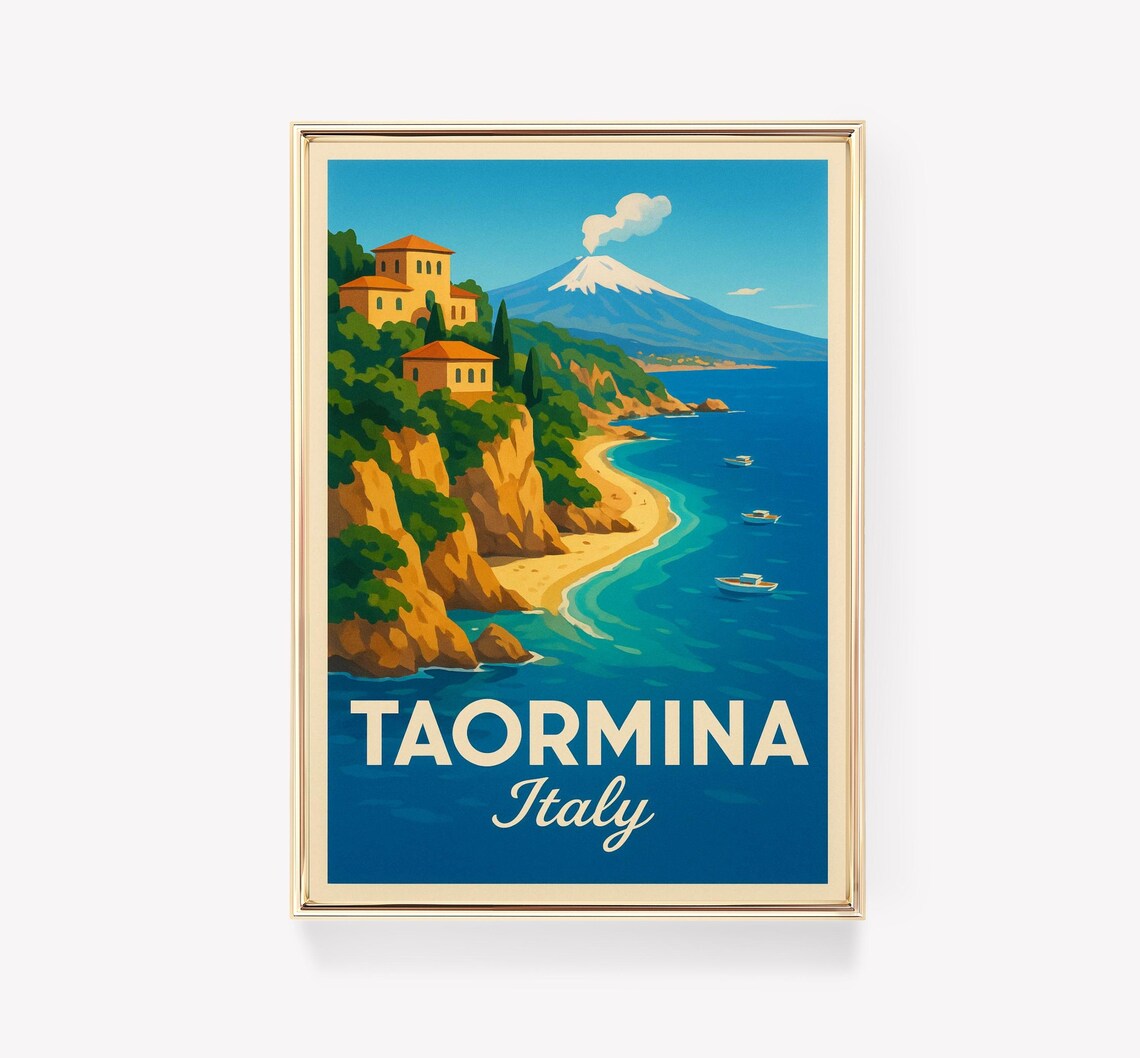 Taormina Italy Vintage Travel Poster Mount Etna Coastal View Art