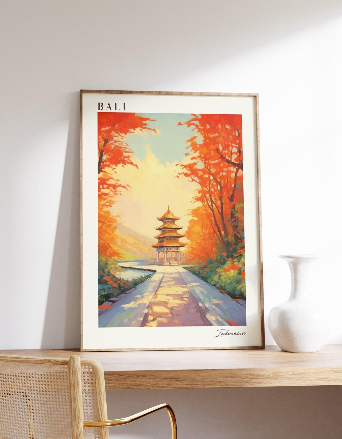 Bali Indonesia Travel Poster Pagoda Golden Autumn Forest Serene Art
