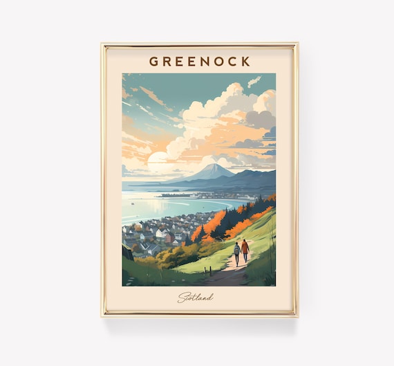 Greenock Scotland Coastal Town Bay Hiking Vintage Travel Poster