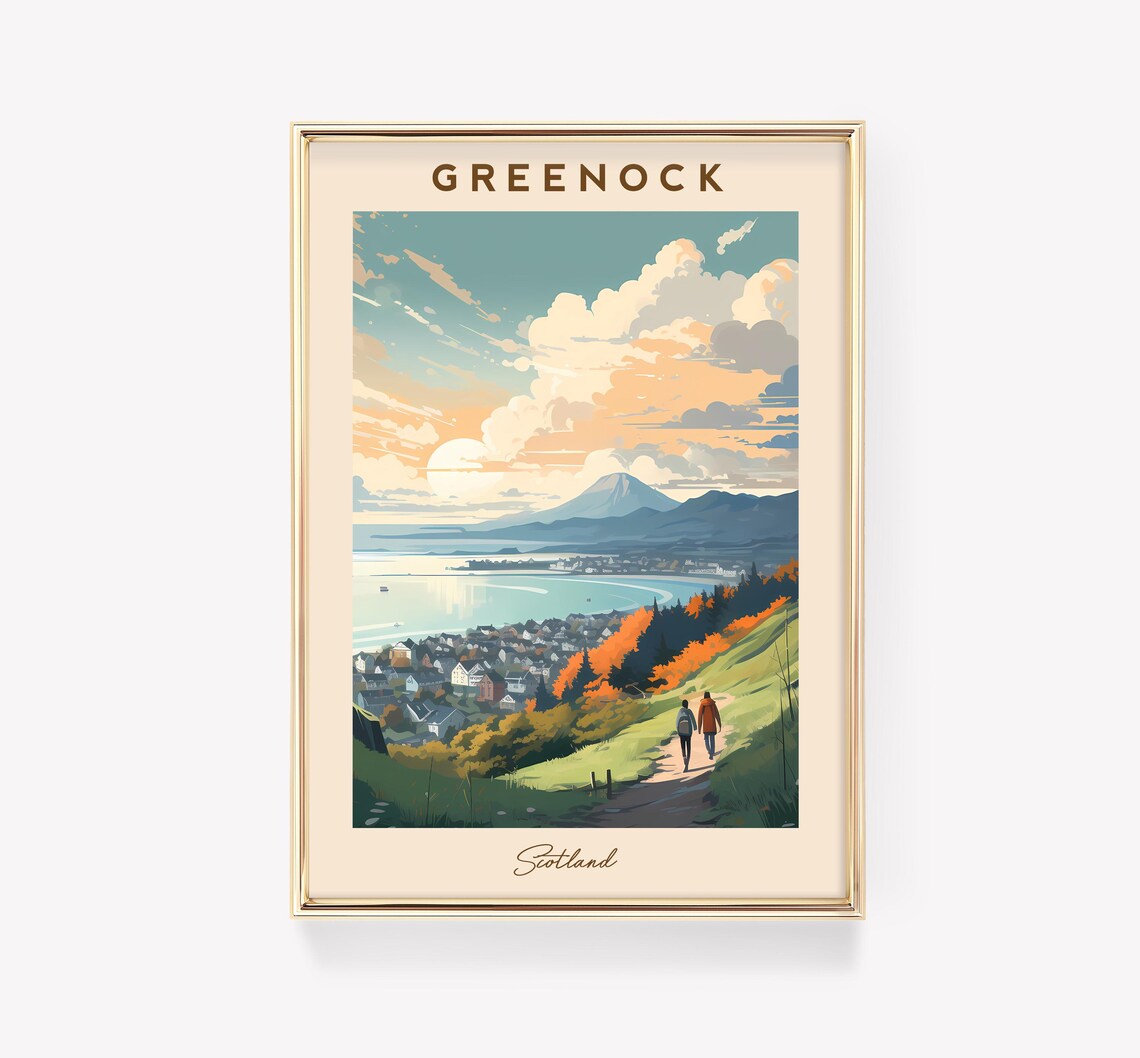 Greenock Scotland Coastal Town Bay Hiking Vintage Travel Poster
