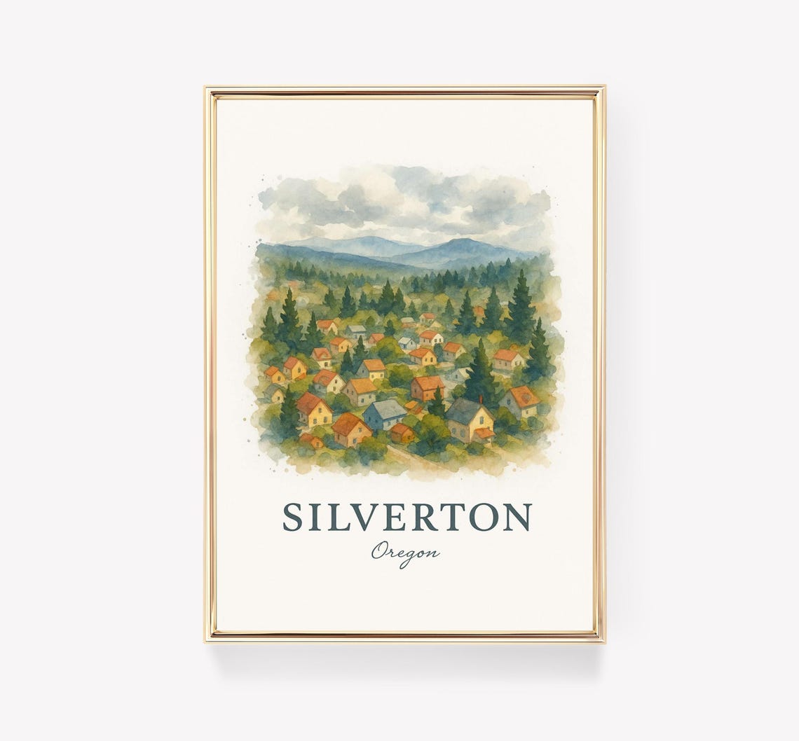 Silverton Oregon Pine Forest Village Watercolor Travel Poster