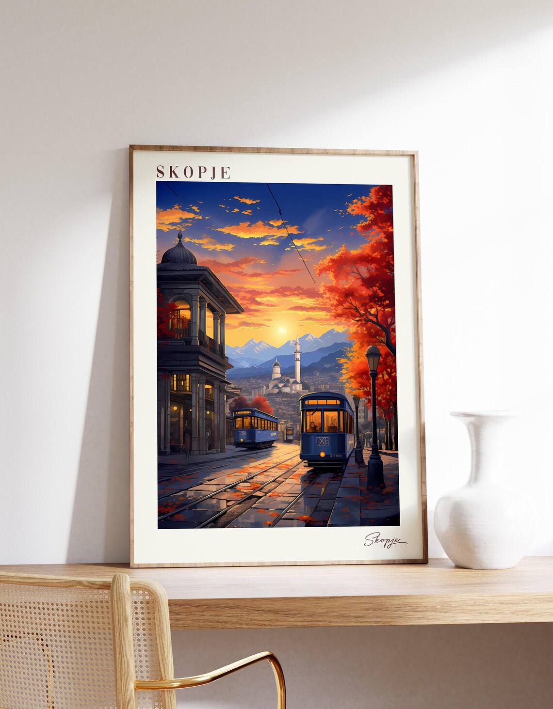 Skopje Autumn Sunset Tram Street Old Town Evening Glow Travel Poster