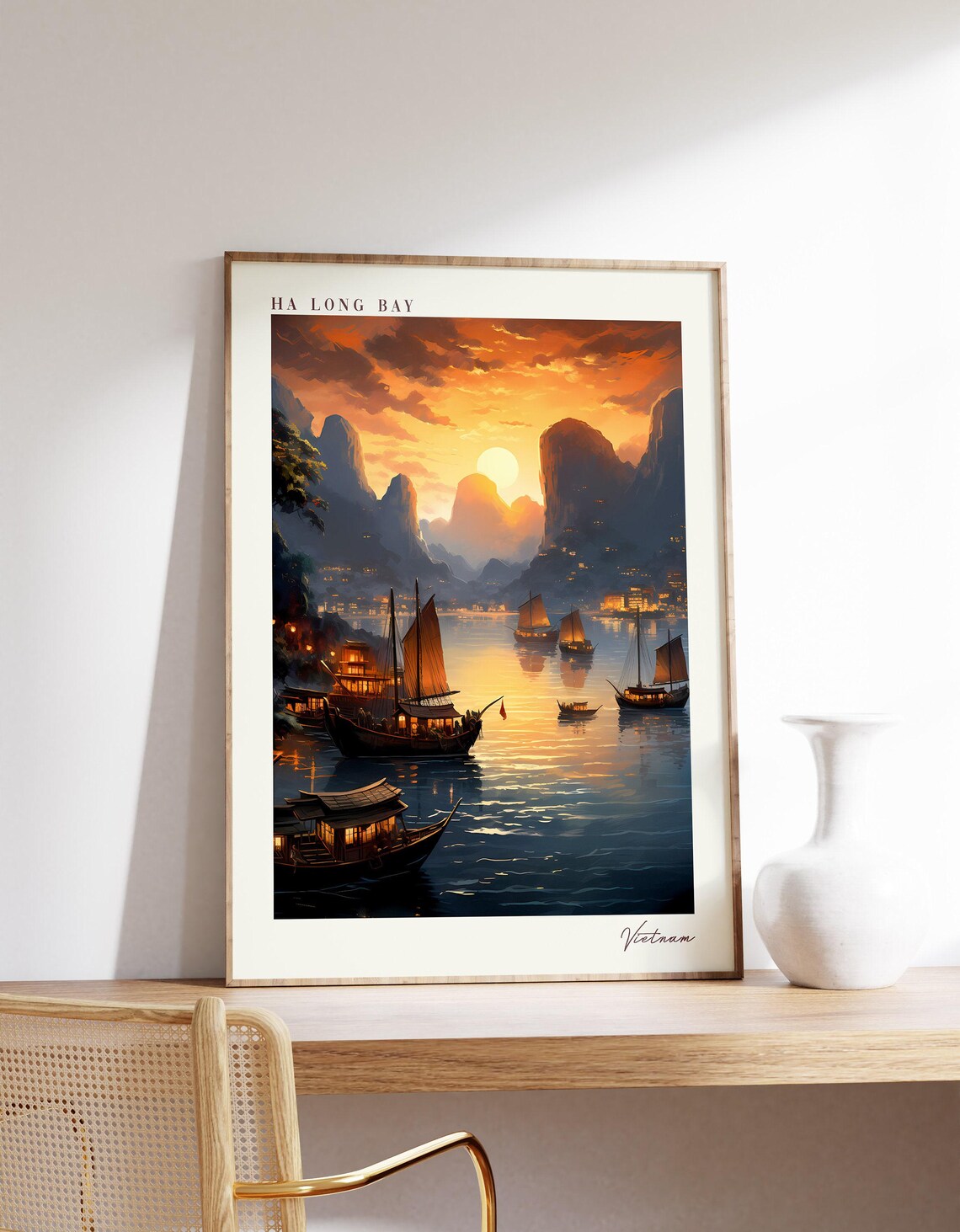 Ha Long Bay Vietnam Sunset Junk Boats Karst Cliffs Vintage Travel Poster