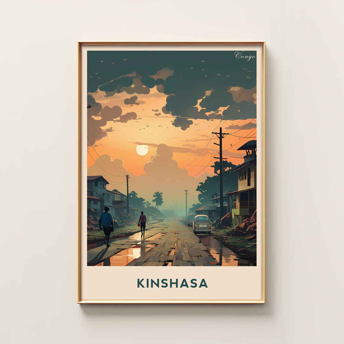 Kinshasa Congo Sunset Street Puddles Golden Hour City Poster