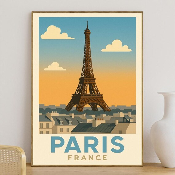 Paris France Eiffel Tower Sunset Vintage Retro Travel Poster Art