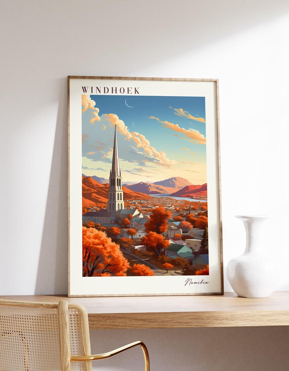 Windhoek Namibia Red Autumn Cityscape Church Spire Hills Poster