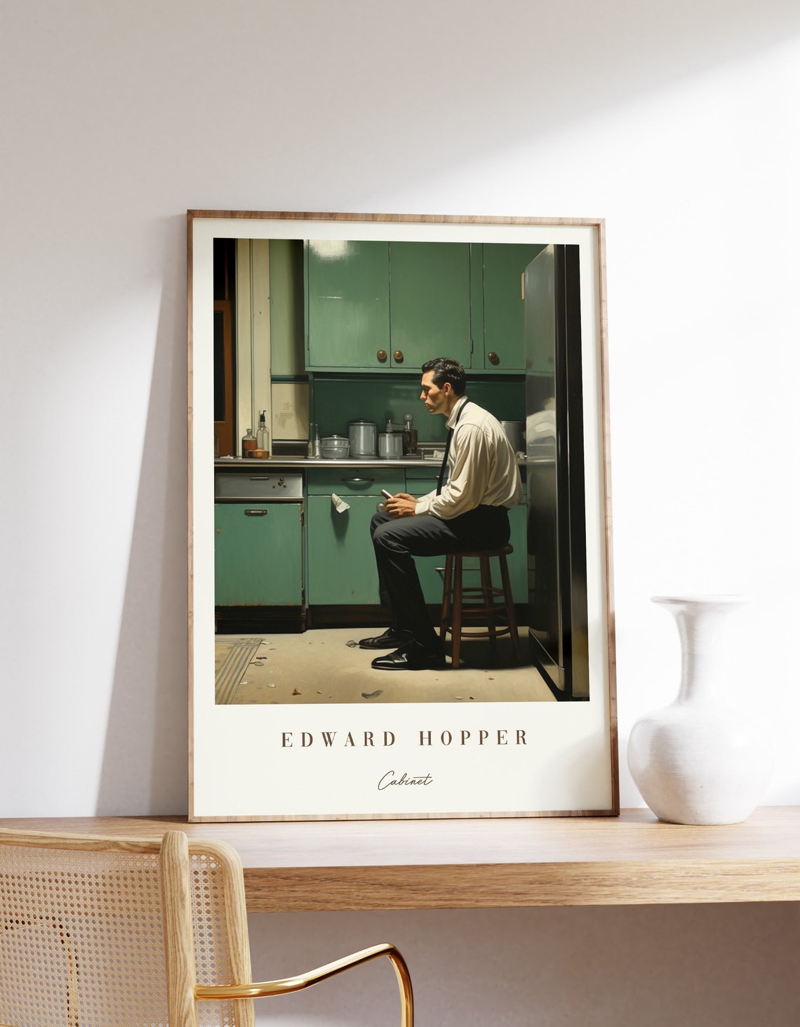 Edward Hopper Style Man Sitting in Green Vintage Kitchen Scene Poster