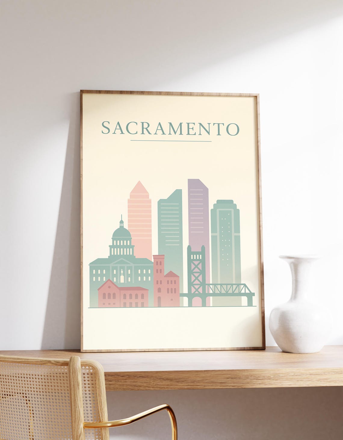 Sacramento Skyline Pastel Capitol Tower Bridge City View Poster