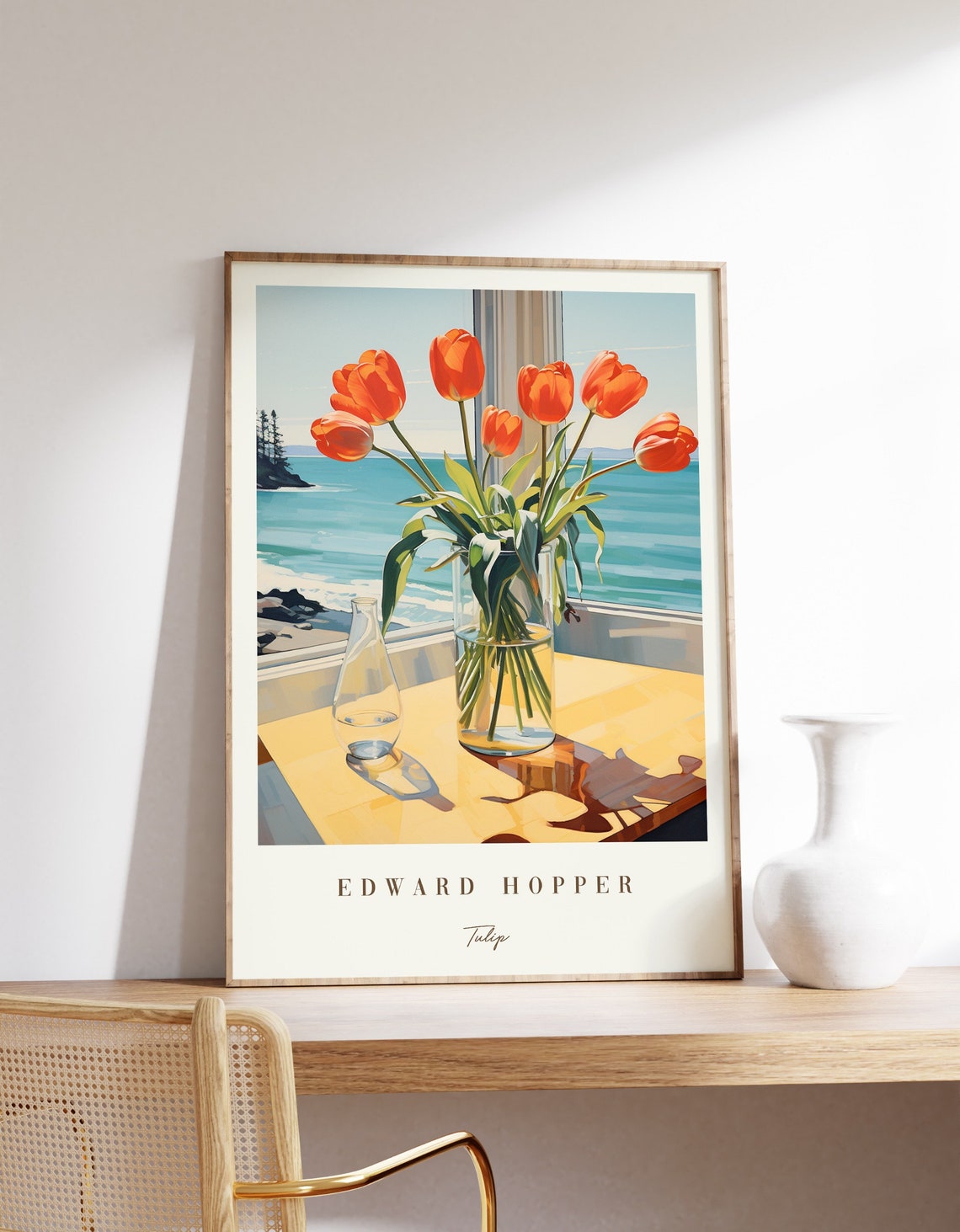 Edward Hopper Tulip Orange Flowers Vase Coastal Window Art Poster