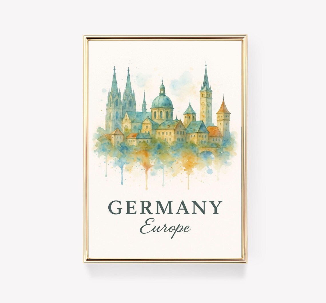 Germany Europe Watercolor Cathedral Skyline Travel Art Poster