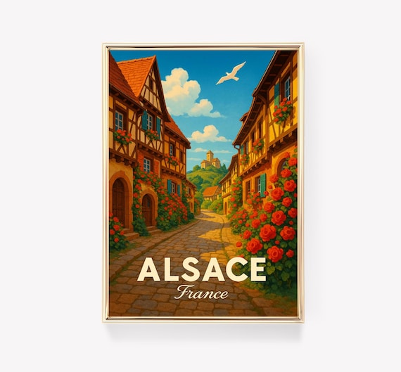 Alsace France Half Timbered Village Red Roses Vintage Travel Poster