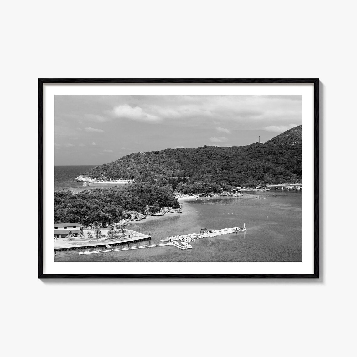 Black and White Tropical Bay Marina Island Hills Photo Poster