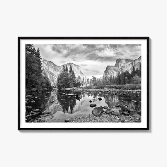 Yosemite National Park Black White Granite Cliffs River Poster