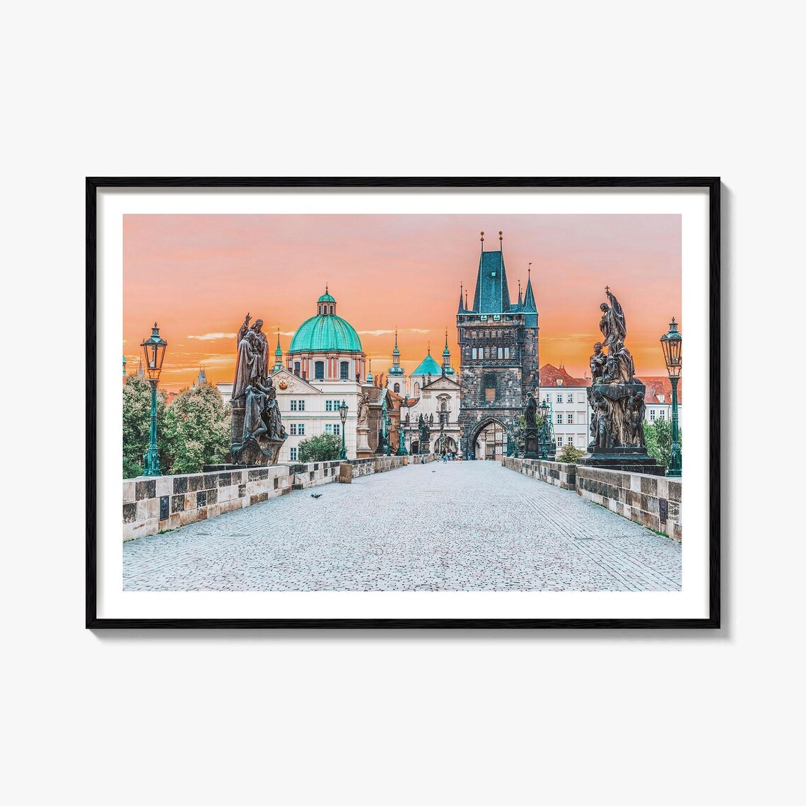 Prague Charles Bridge Sunset Golden Sky Czechia Photo Art Poster
