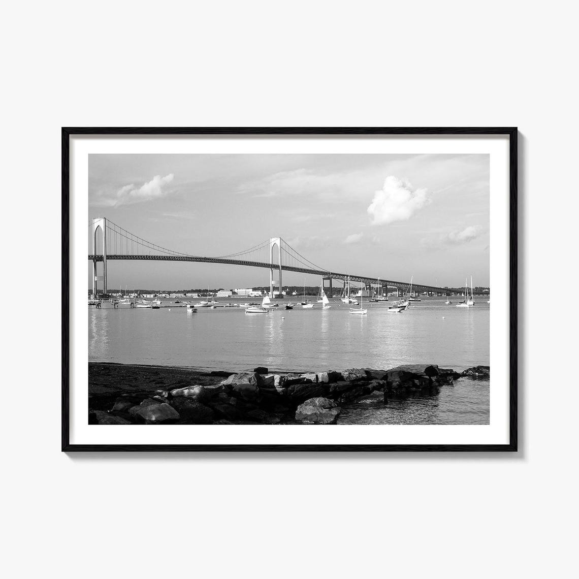 Narragansett Bay Rhode Island Bridge Sailboats Black White Poster