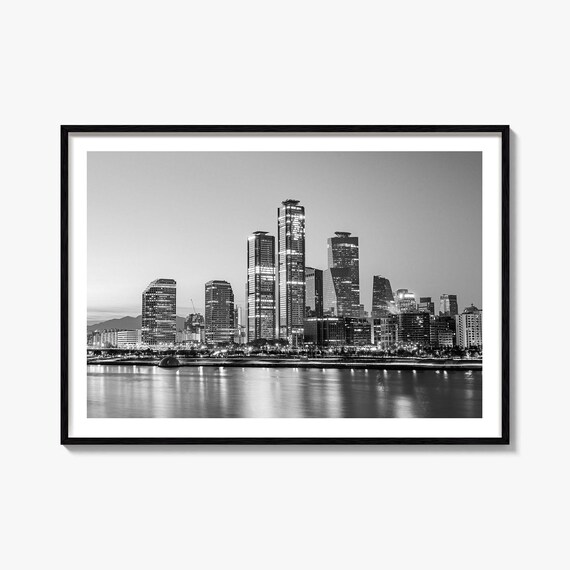 Seoul South Korea Night Skyline Black And White Photo Poster