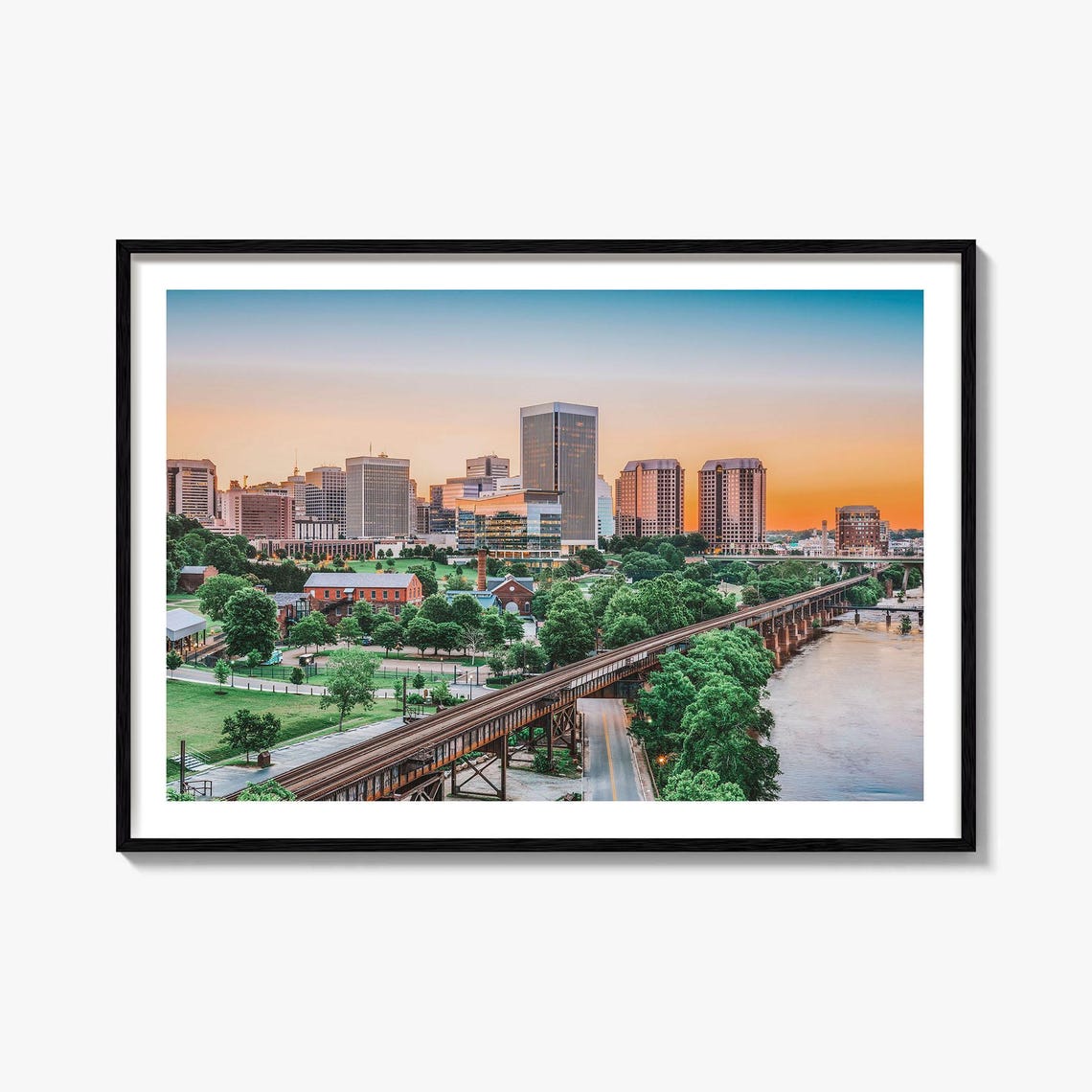 Richmond Virginia Sunset Skyline James River Railroad Photo Print