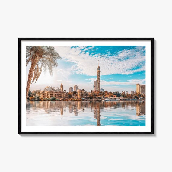 Cairo Egypt Tower Nile River Palm Tree Reflections City View Poster