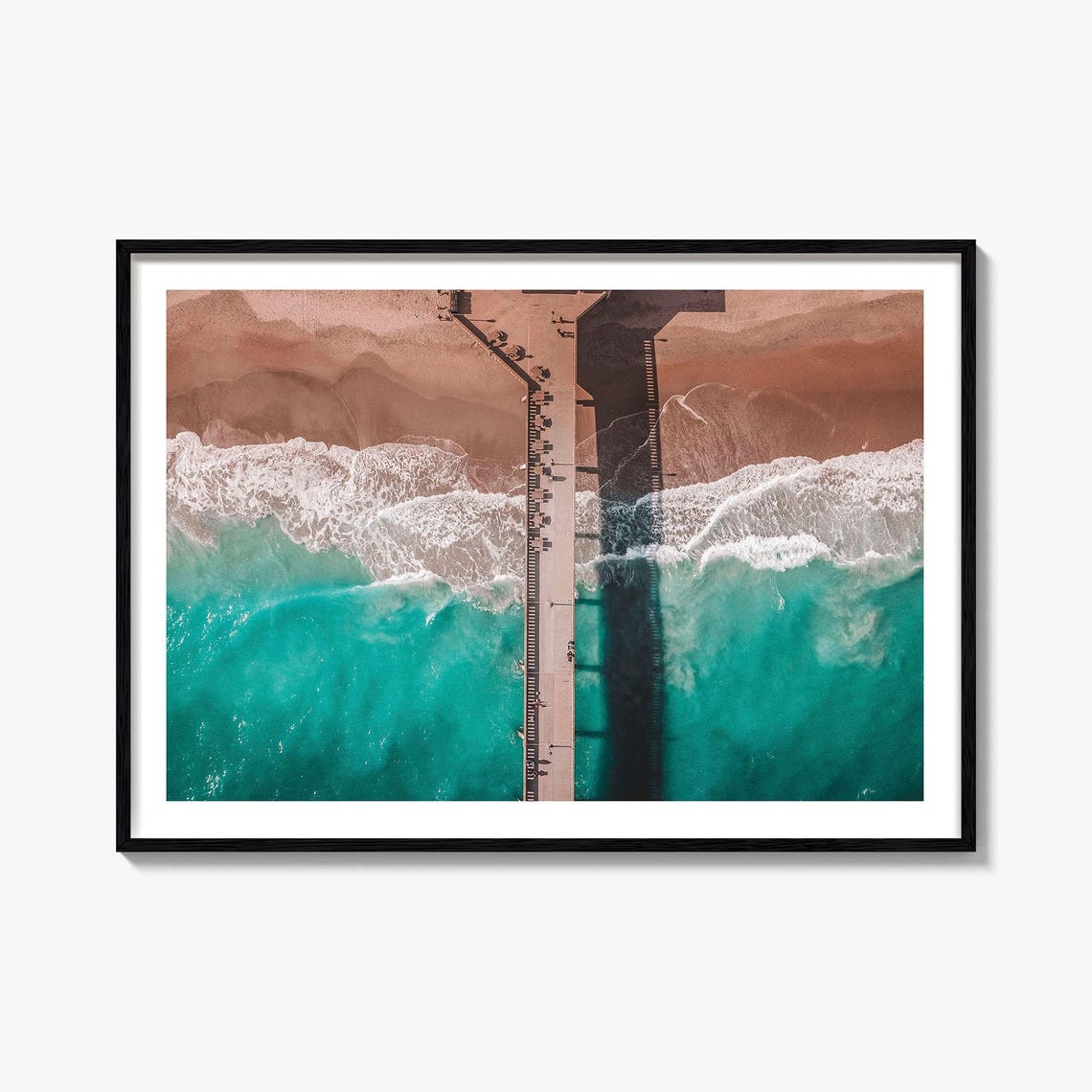 Drone Aerial Ocean Pier Top Down Turquoise Waves Sandy Beach Poster