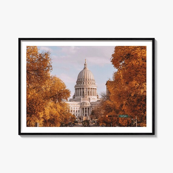 Madison Wisconsin State Capitol Autumn Golden Trees Scenic Poster