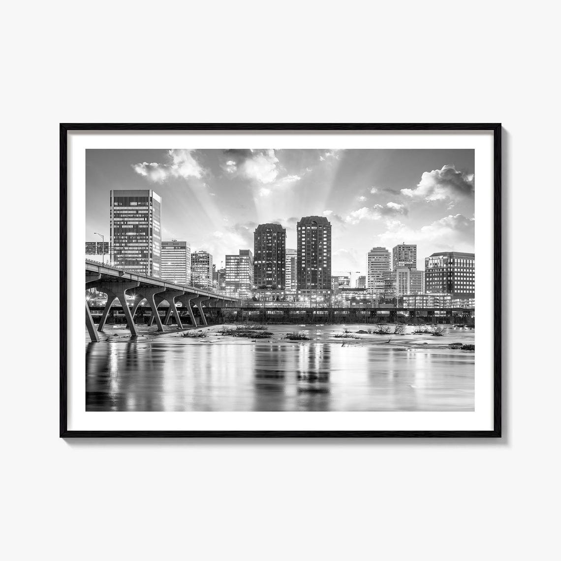 Richmond Virginia Skyline Bridge River Black White Downtown Poster
