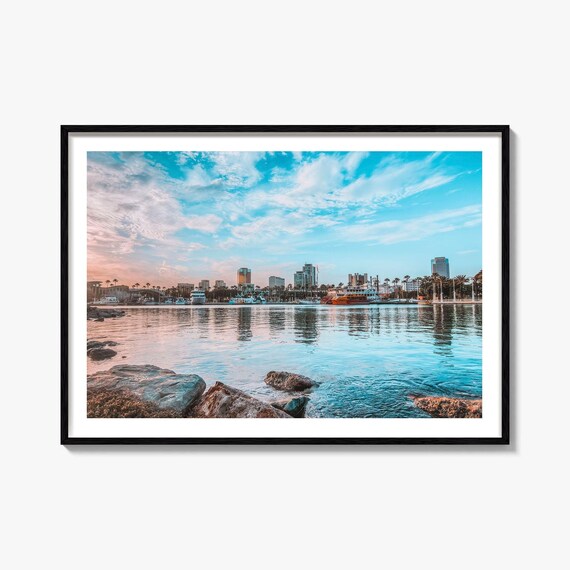 Long Beach Waterfront Harbor Skyline City Lights Dusk Boats Poster