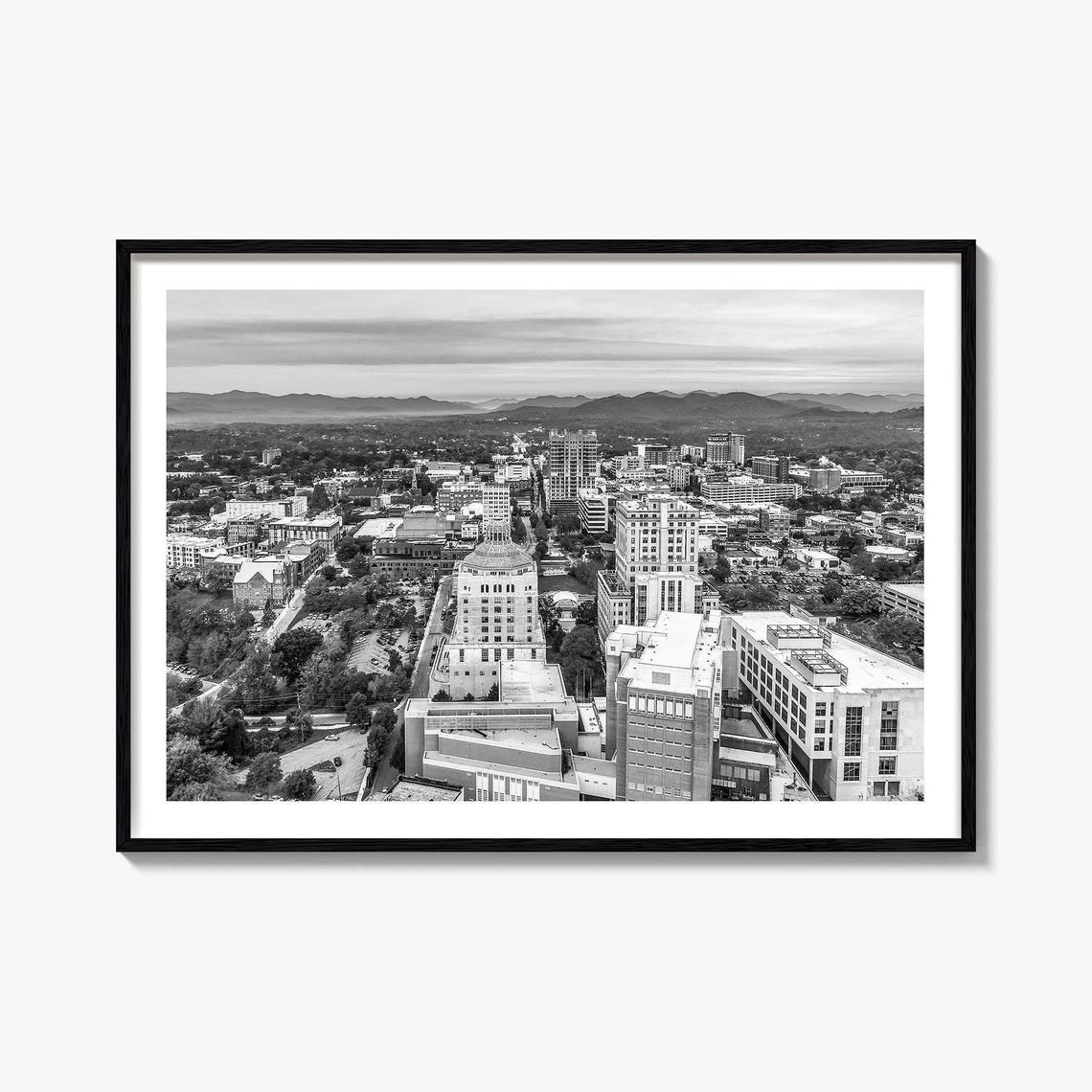 Asheville North Carolina Downtown Black and White Aerial Poster