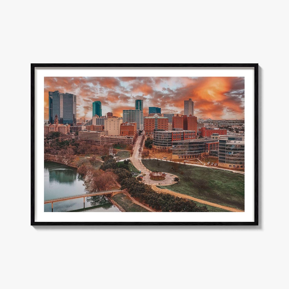 Fort Worth Texas Skyline Sunset River Bridge Reflection Poster