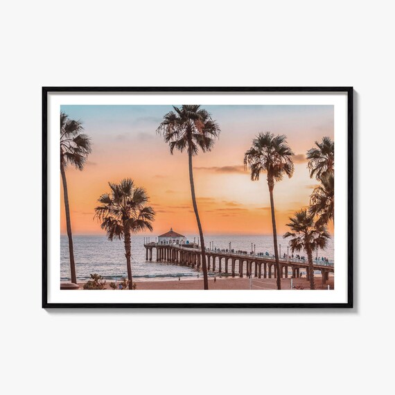 Manhattan Beach Pier Sunset Palm Trees California Coastal Photography Poster