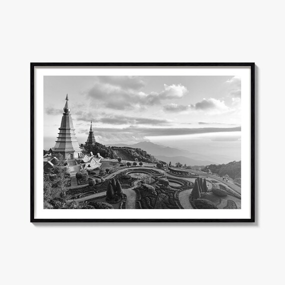Thailand Doi Inthanon Twin Pagodas Black and White Mountain Poster