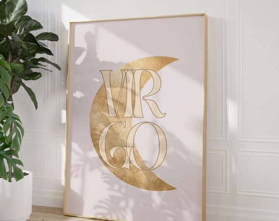 Virgo Gold Crescent Moon Art Nouveau Blush Pink Zodiac Typography Poster