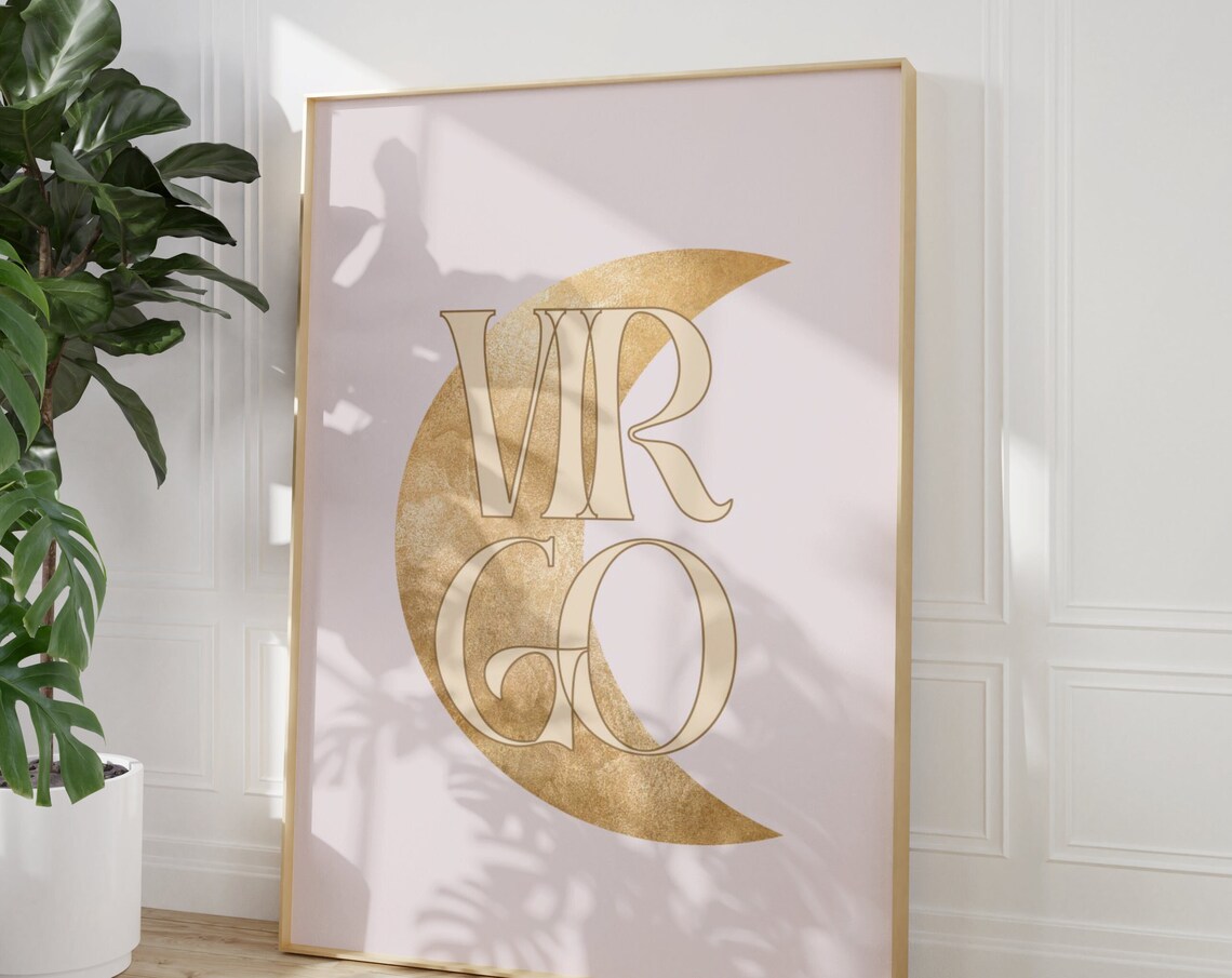 Virgo Gold Crescent Moon Art Nouveau Blush Pink Zodiac Typography Poster
