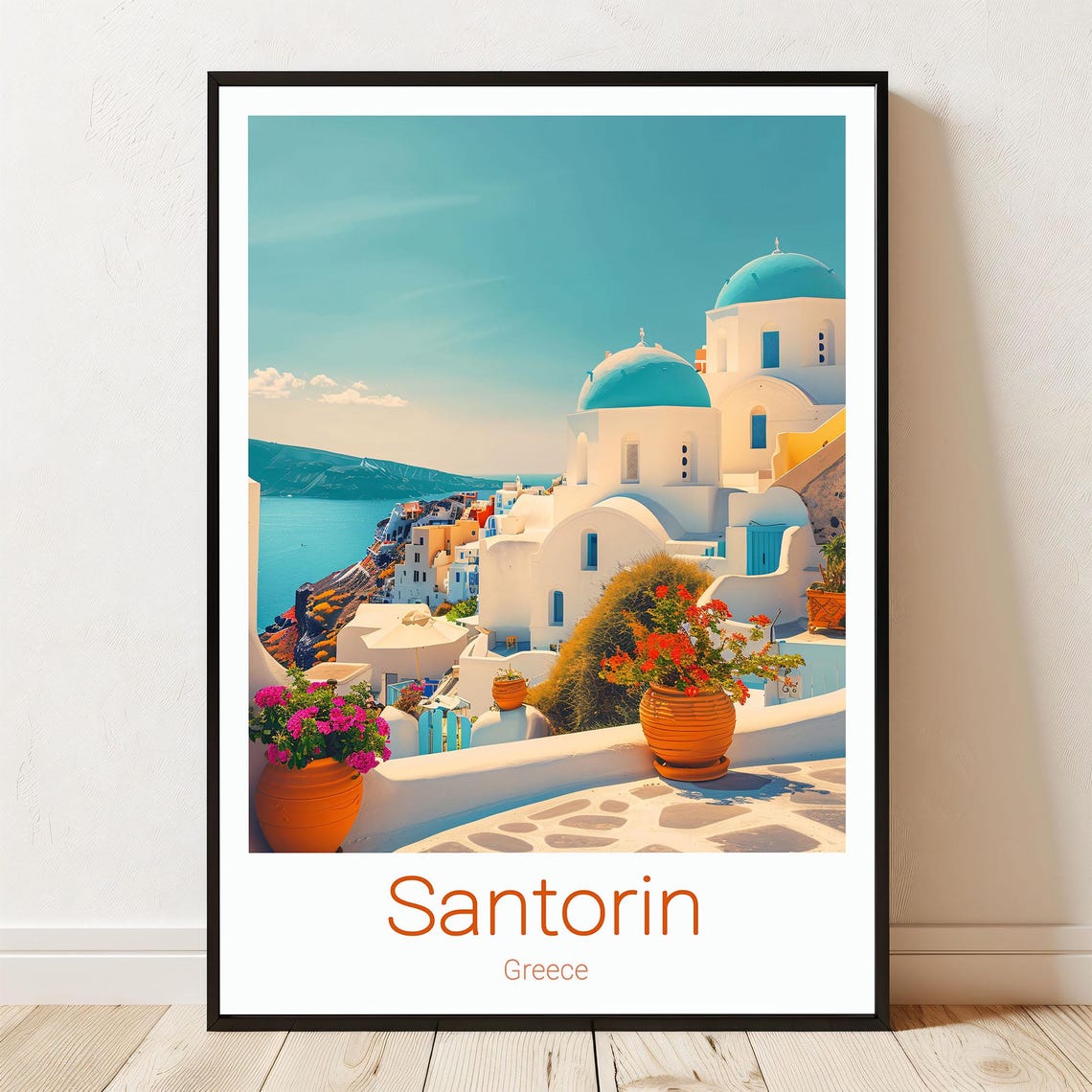Santorini Greece White Village Blue Domes Aegean Travel Poster