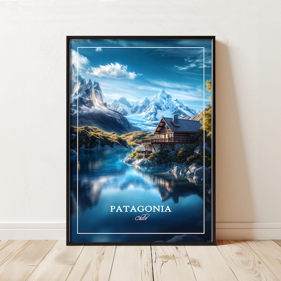 Patagonia Chile Lakeside Cabin Night Reflection White Border Travel Poster
