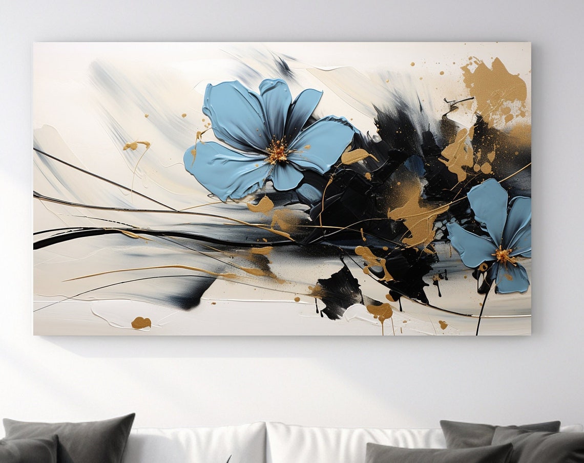Blue Flowers With Gold Splatter On Cream Black Abstract Art Poster