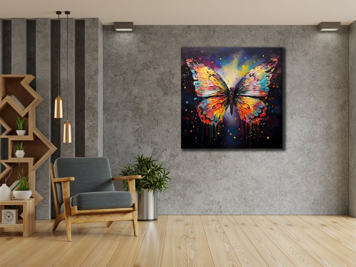 Rainbow Butterfly on Black Splatter Paint Vivid Animal Wall Art - Image 2