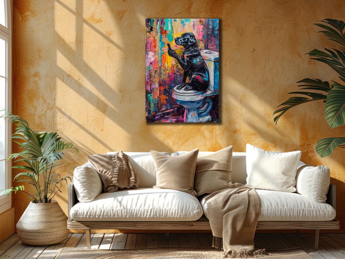Dog Sitting On The Toilet Looking At The Phone Funny Bathroom Art Dog Wall Decor Animal Wall Art Toilet Wall Art Funny Dog Bathroom Print - Image 2