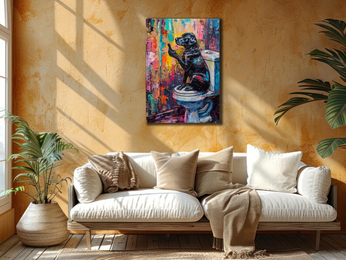 Funny Black Dog Sitting Toilet Checking Phone Colorful Bathroom Poster - Image 2