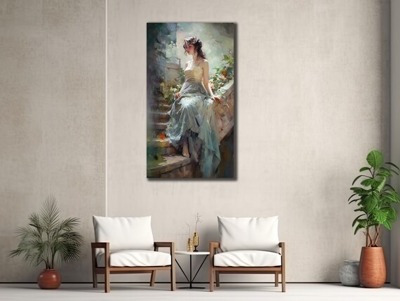Elegant Young Woman Blue Dress Steps Painterly Portrait Wall Art Poster