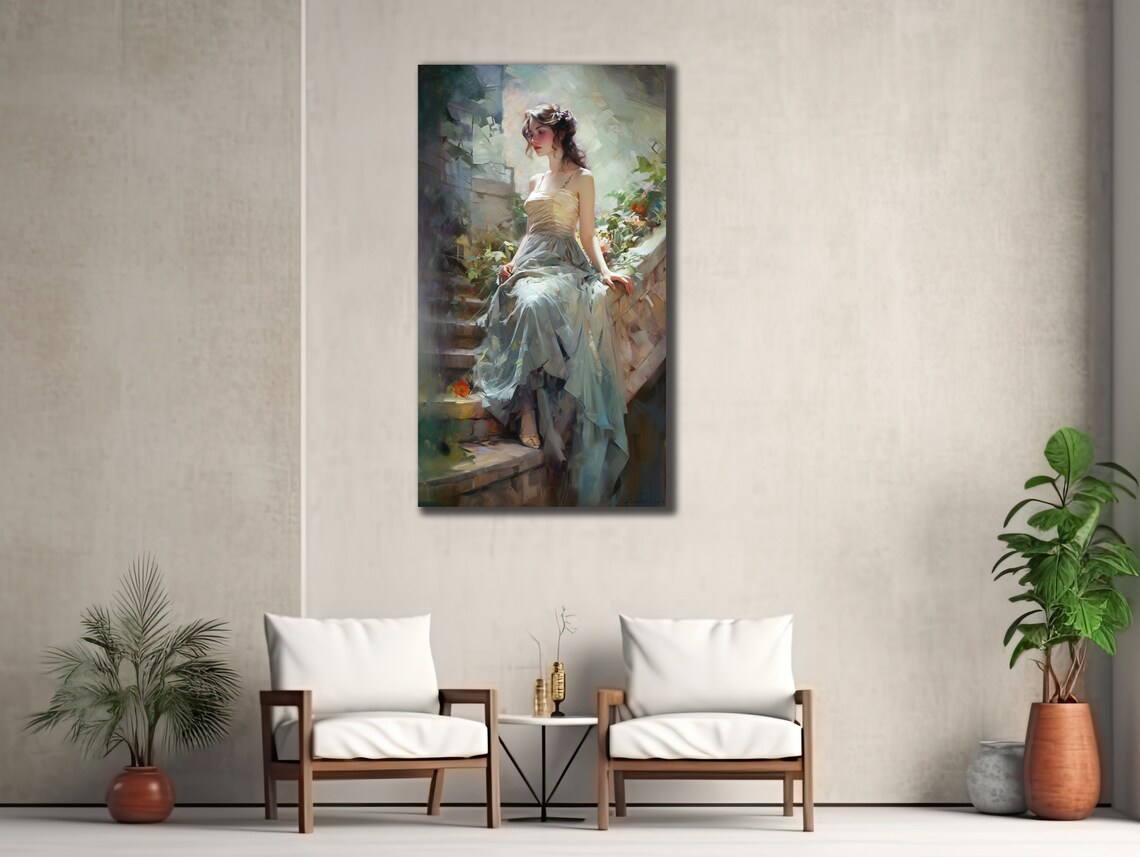 Elegant Young Woman Blue Dress Steps Painterly Portrait Wall Art Poster