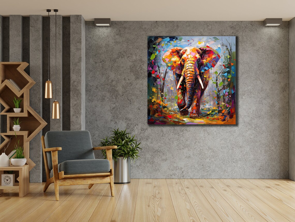 Elephant Walking Forest Colorful Palette Knife Mosaic Wildlife Art Poster - Image 2