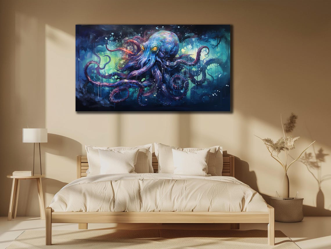 Cosmic Octopus Neon Tentacles Deep Blue Underwater Galaxy Art Print - Image 3