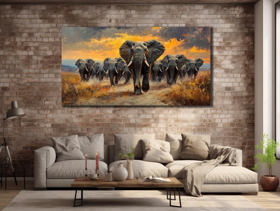 African Elephant Herd Charging Sunset Savanna Painting Wall Poster