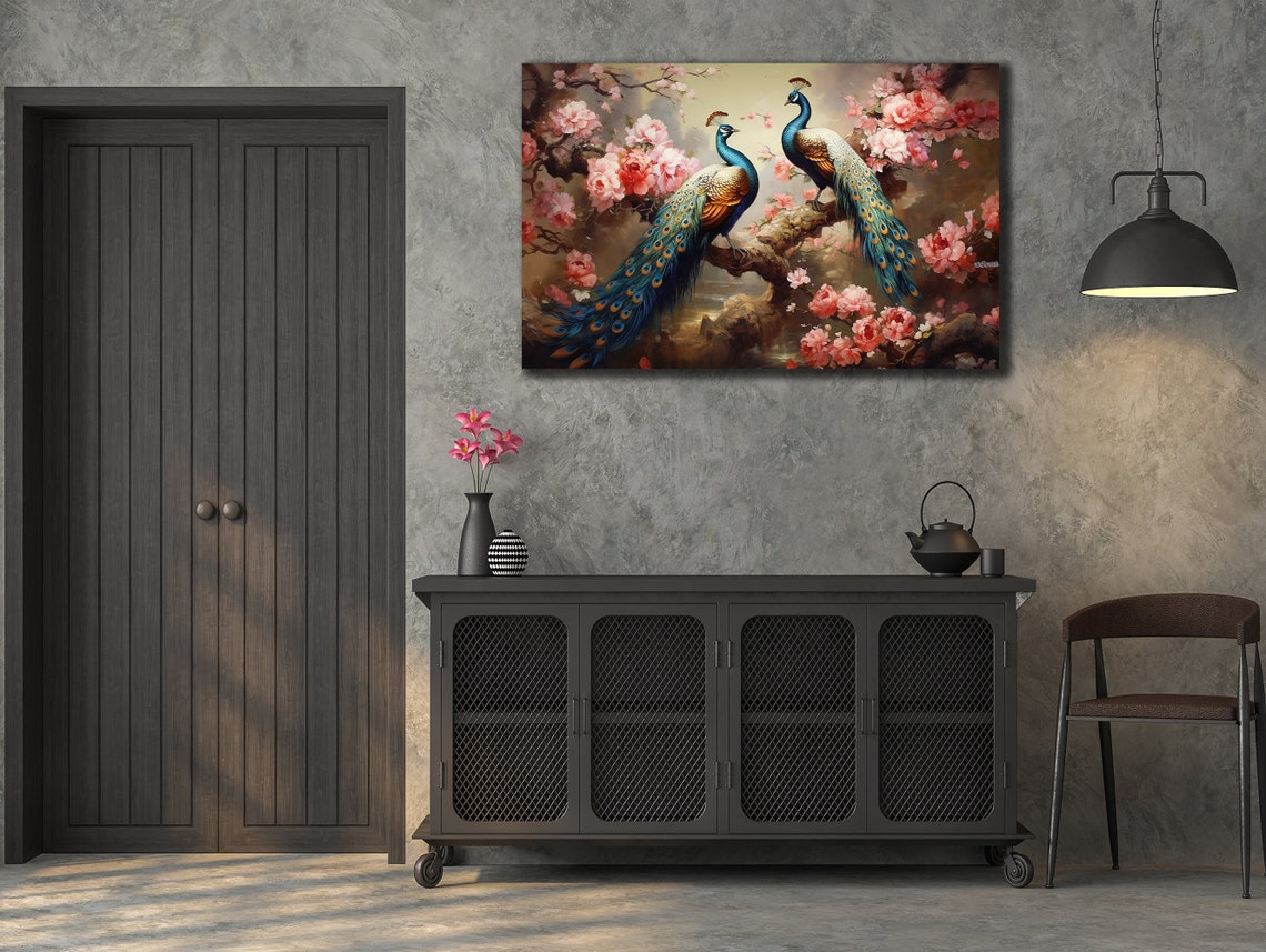 Two Peacocks on Flowering Branch Pink Blossom Bird Art Poster - Image 2