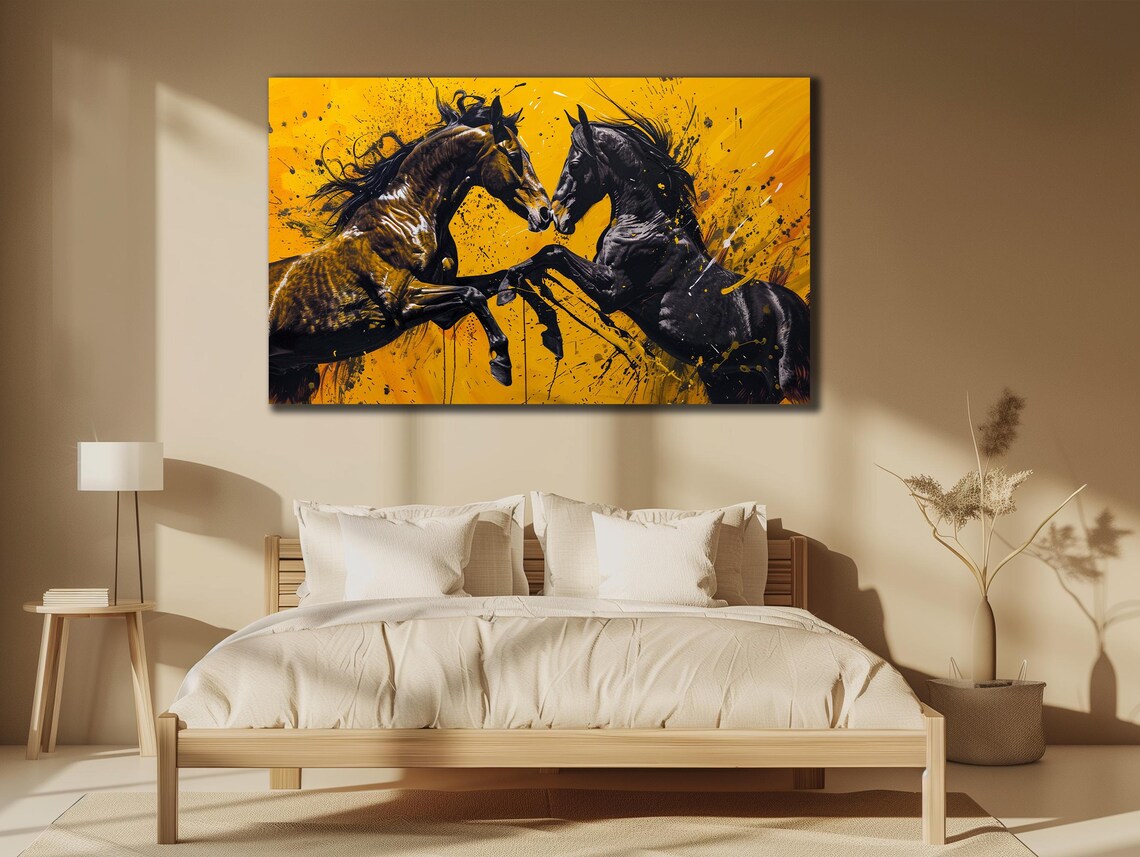 Two Rearing Horses Nose to Nose Vivid Yellow Abstract Stallion Print