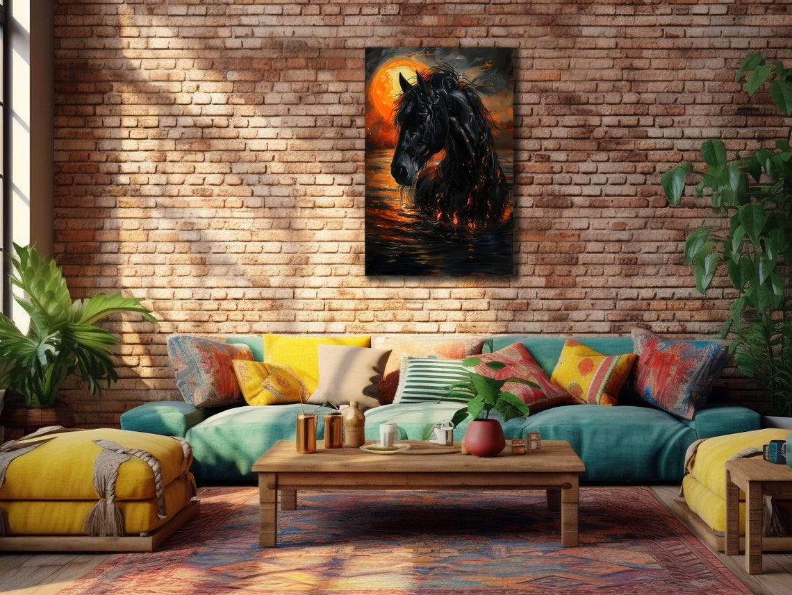 Black Horse Head Water Sunset Orange Sky Dramatic Equine Art Poster - Image 2