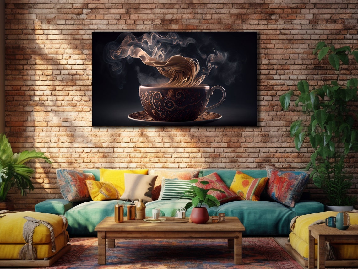 Steaming Coffee Cup Ornate Dark Background Elegant Art Wall Print - Image 2