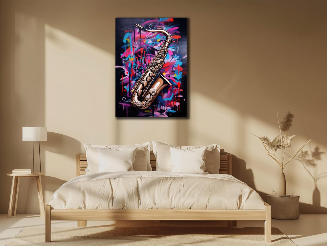 Neon Pop Art Saxophone on Graffiti Splash Jazz Music Instrument Poster - Image 3