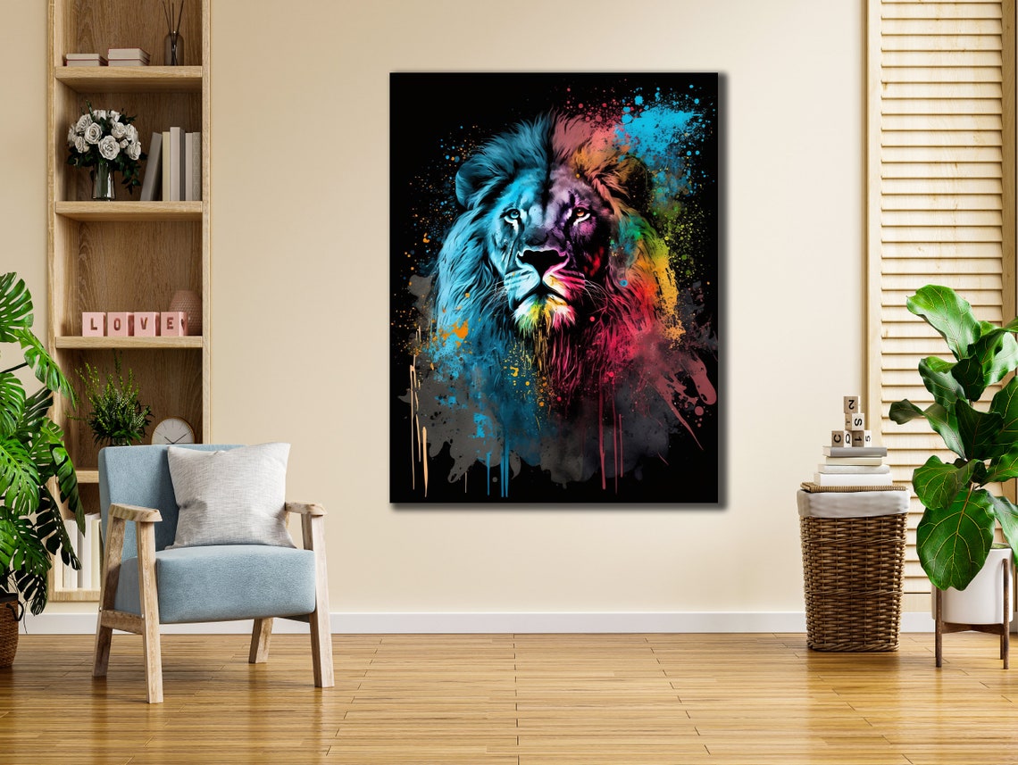 Neon Rainbow Lion Head Splash Portrait Bold Animal Art Poster