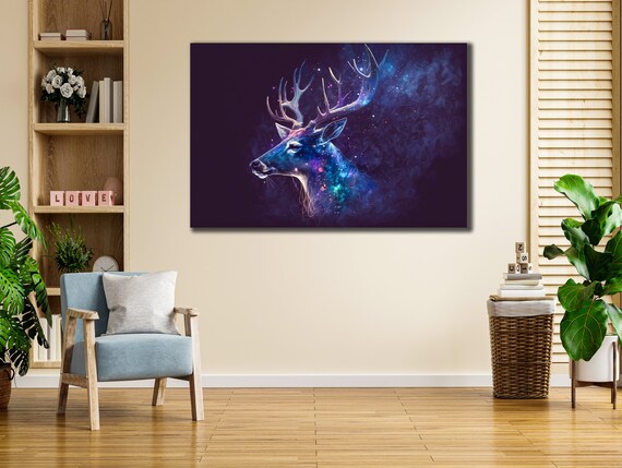 Cosmic Galaxy Deer Stag Head Nebula Dark Purple Wildlife Wall Art Poster